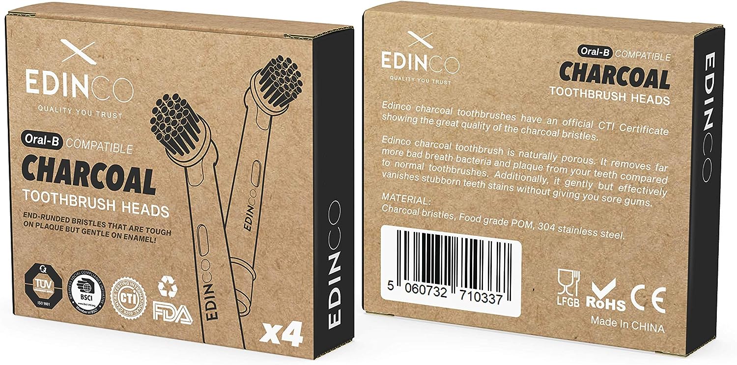 Edinco Charcoal Toothbrush Heads, pack of four Oral B compatible toothbrush heads for effective cleaning