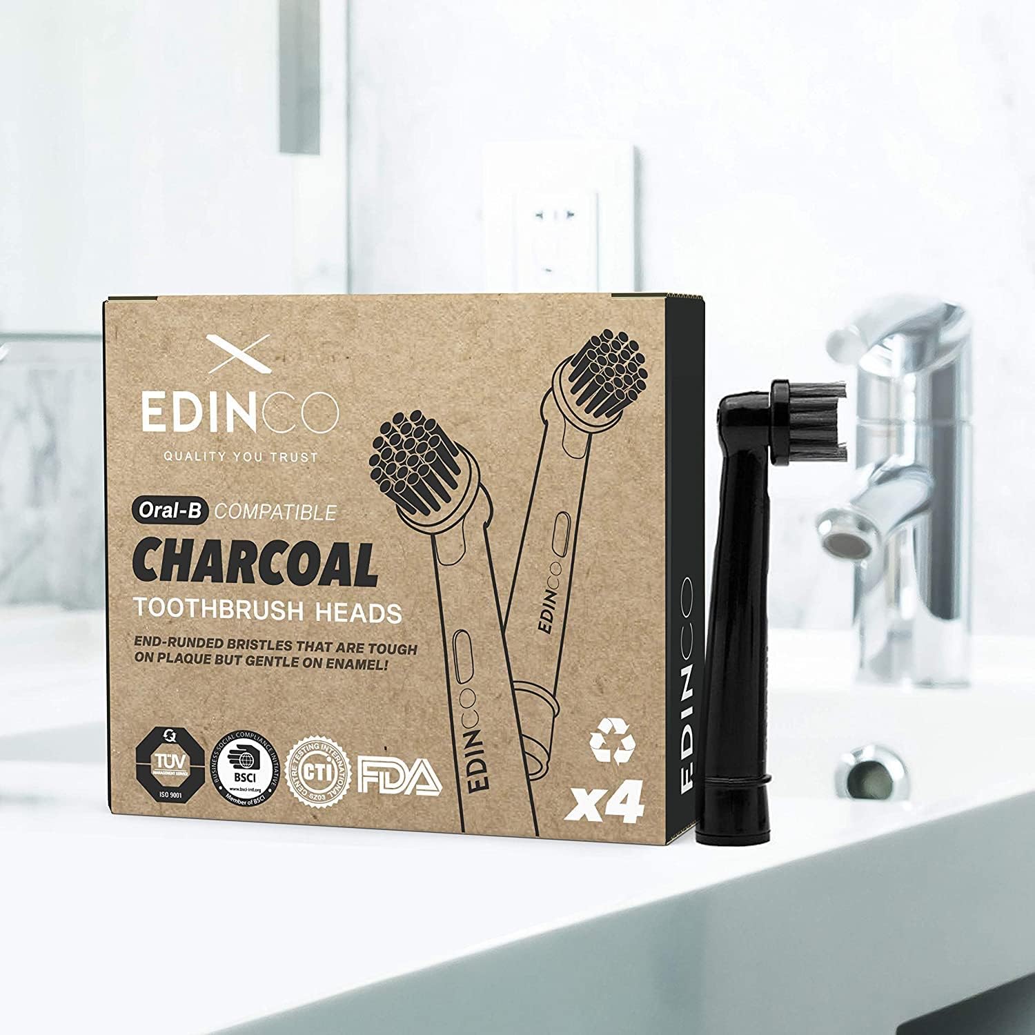 Edinco Oral B compatible toothbrush heads featuring charcoal bristles for effective plaque removal