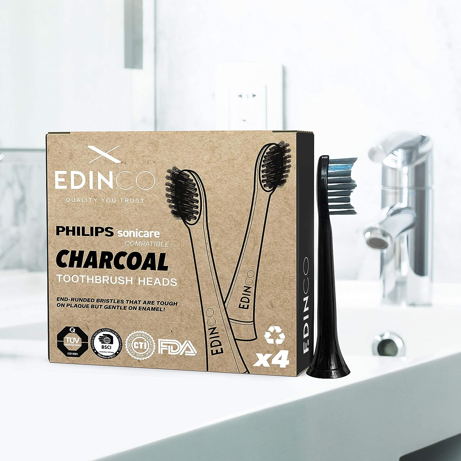 Edinco Charcoal Philips Sonicare compatible toothbrush heads pack of 4 for effective cleaning