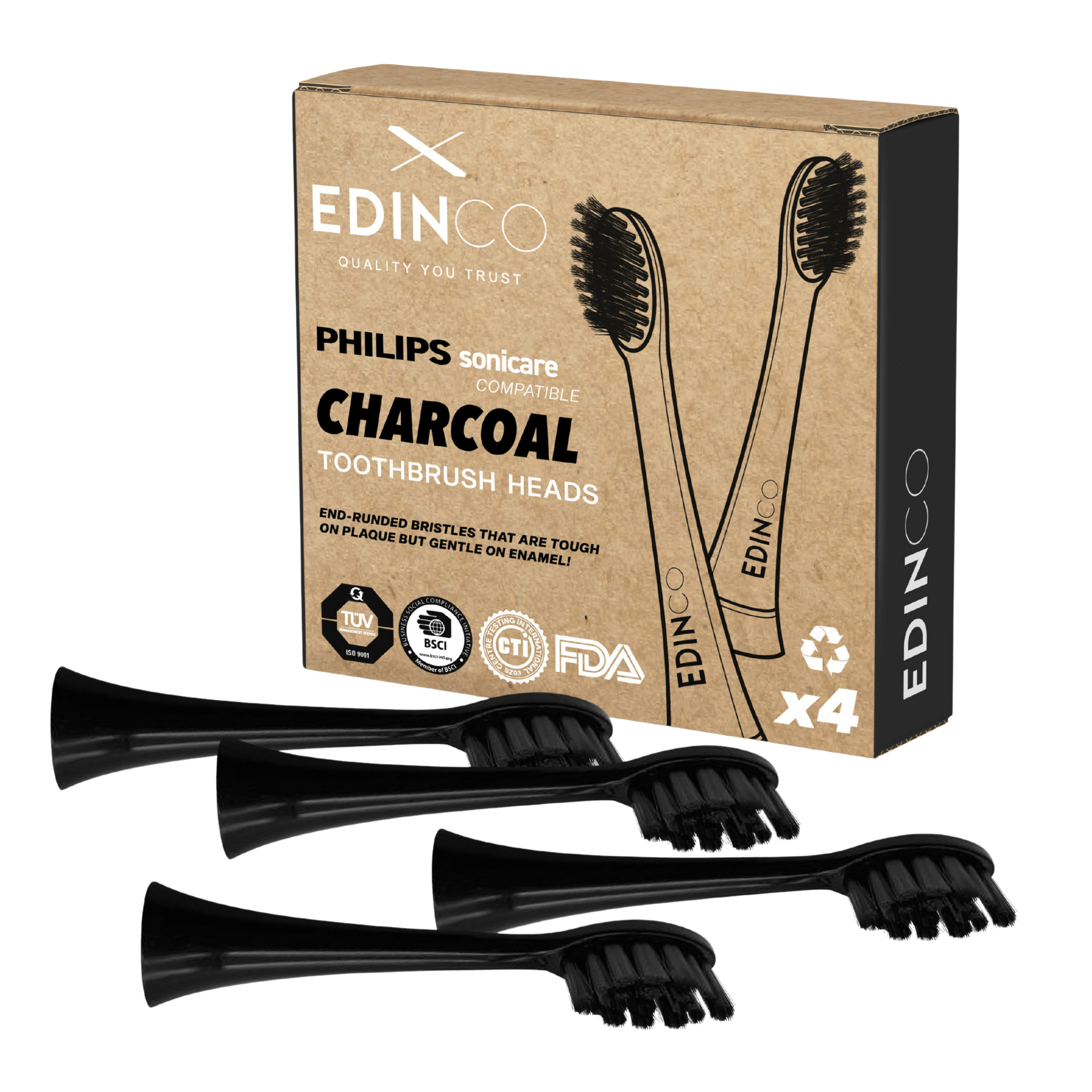 Edinco Philips Sonicare compatible toothbrush heads in Charcoal with end-rounded bristles for effective cleaning
