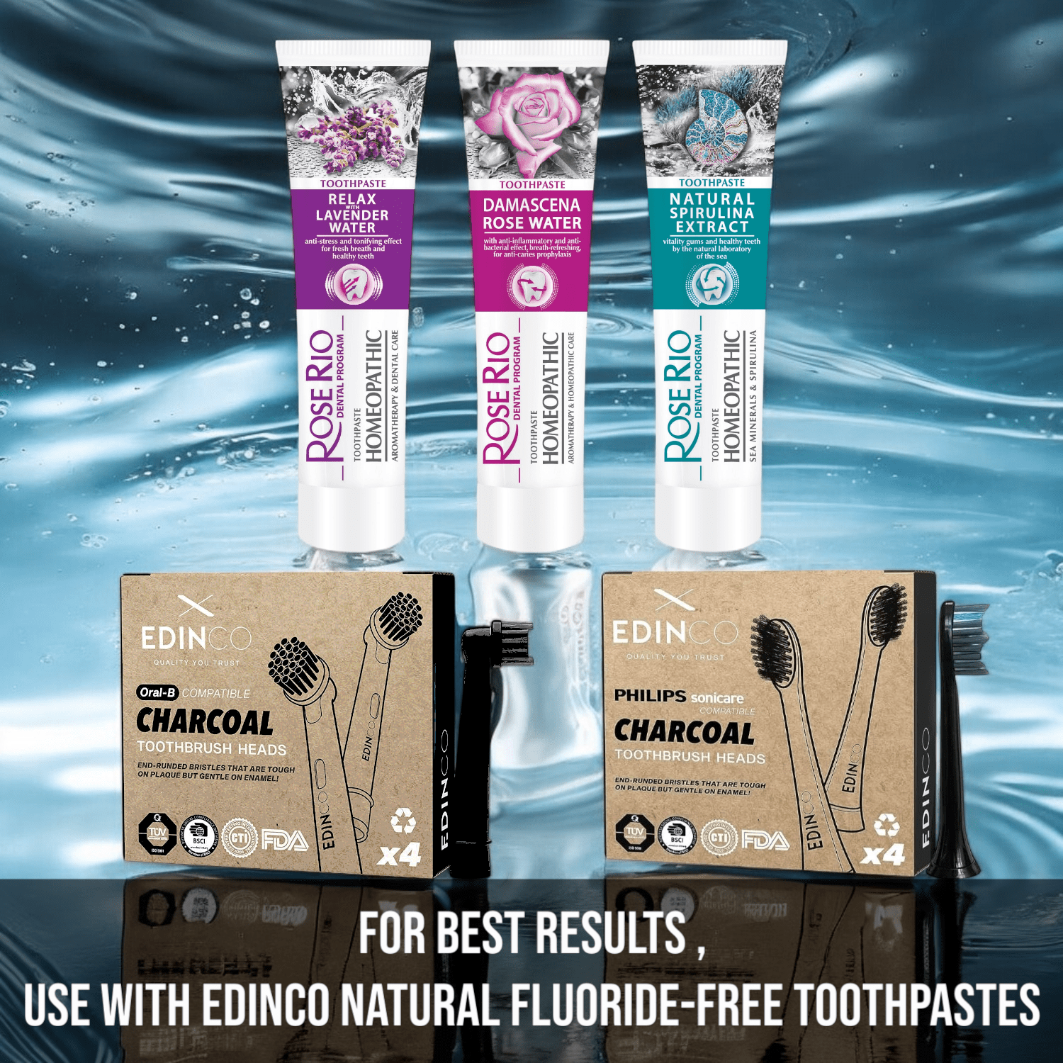 Edinco Philips Sonicare compatible toothbrush heads with natural fluoride-free toothpastes for optimal oral care