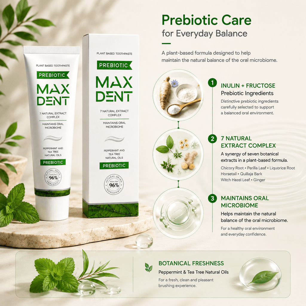 A promotional graphic for Prebiotic Max Dent plant-based toothpaste. The image shows a white tube and matching box of the toothpaste on a light beige background with botanical illustrations, green leaves, and text detailing the prebiotic care ingredients and benefits.