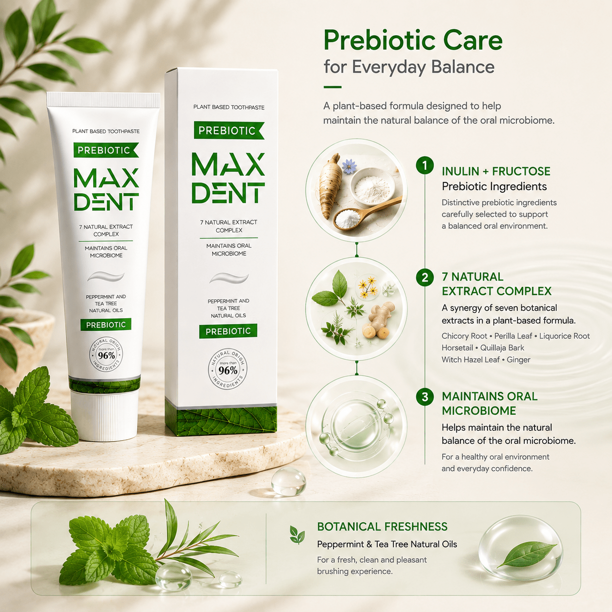 A promotional graphic for Prebiotic Max Dent plant-based toothpaste. The image shows a white tube and matching box of the toothpaste on a light beige background with botanical illustrations, green leaves, and text detailing the prebiotic care ingredients and benefits.