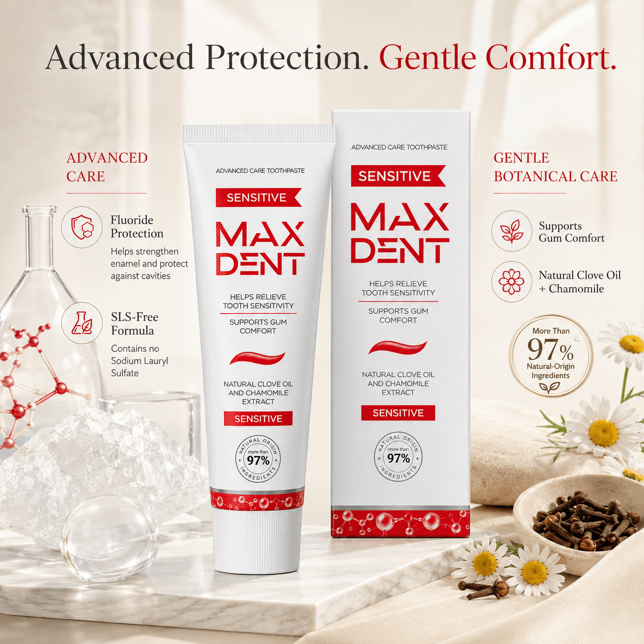 Edinco Sensitive Toothpaste with Potassium Nitrate and Fluoride, 97% Natural-Origin Toothpaste, for Sensitive Teeth & Gums, SLS-Free with Clove Oil & Chamomile, 75 ml - Edinco-Edinco