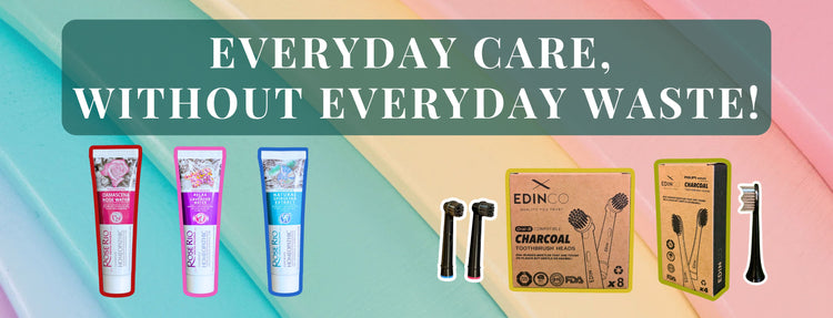 Product banner with eco-friendly items and branding, featuring text 'Everyday care, without everyday waste!'.