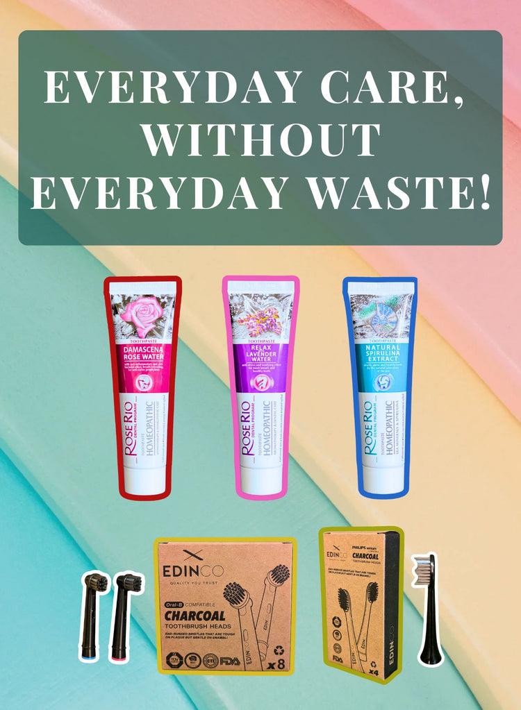 Three toothpaste tubes and dental tools on a colorful background with text 'Everyday care, without everyday waste!'.