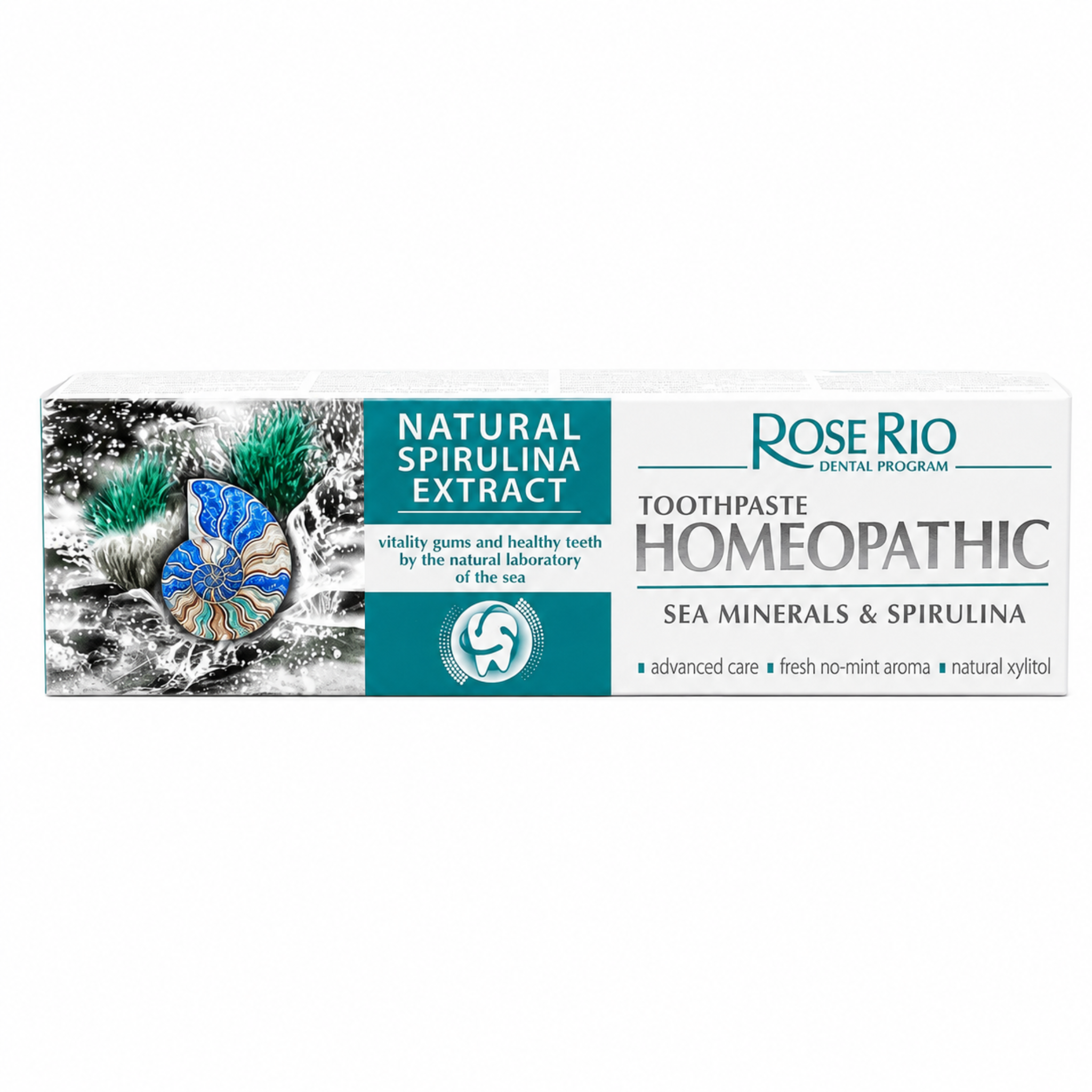 A single box of Rose Rio Homeopathic Toothpaste in the Natural Spirulina Extract and Sea Minerals variant, shown horizontally on a white background. The white and teal packaging features a colorful nautilus shell graphic on a water splash. Text on the box highlights advanced care, a fresh no-mint aroma, natural xylitol, and a formula promoting vitality for gums and healthy teeth from the natural laboratory of the sea. Retailer: Edinco, UK.