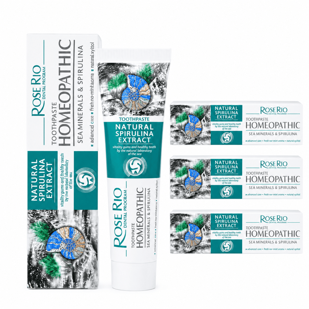 A multipack bundle of Rose Rio Homeopathic Toothpaste in the Natural Spirulina Extract variant, featuring one tube and four boxes. The packaging highlights sea minerals and spirulina, promoting gum vitality and healthy teeth using ingredients from the natural laboratory of the sea. Formulated with natural xylitol and a fresh no-mint aroma. Supplied by UK eco-friendly oral care brand Edinco.