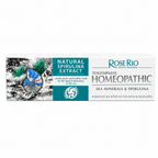 A single box of Rose Rio Homeopathic Toothpaste in the Natural Spirulina Extract and Sea Minerals variant, shown horizontally on a white background. The white and teal packaging features a colorful nautilus shell graphic on a water splash. Text on the box highlights advanced care, a fresh no-mint aroma, natural xylitol, and a formula promoting vitality for gums and healthy teeth from the natural laboratory of the sea. Retailer: Edinco, UK.