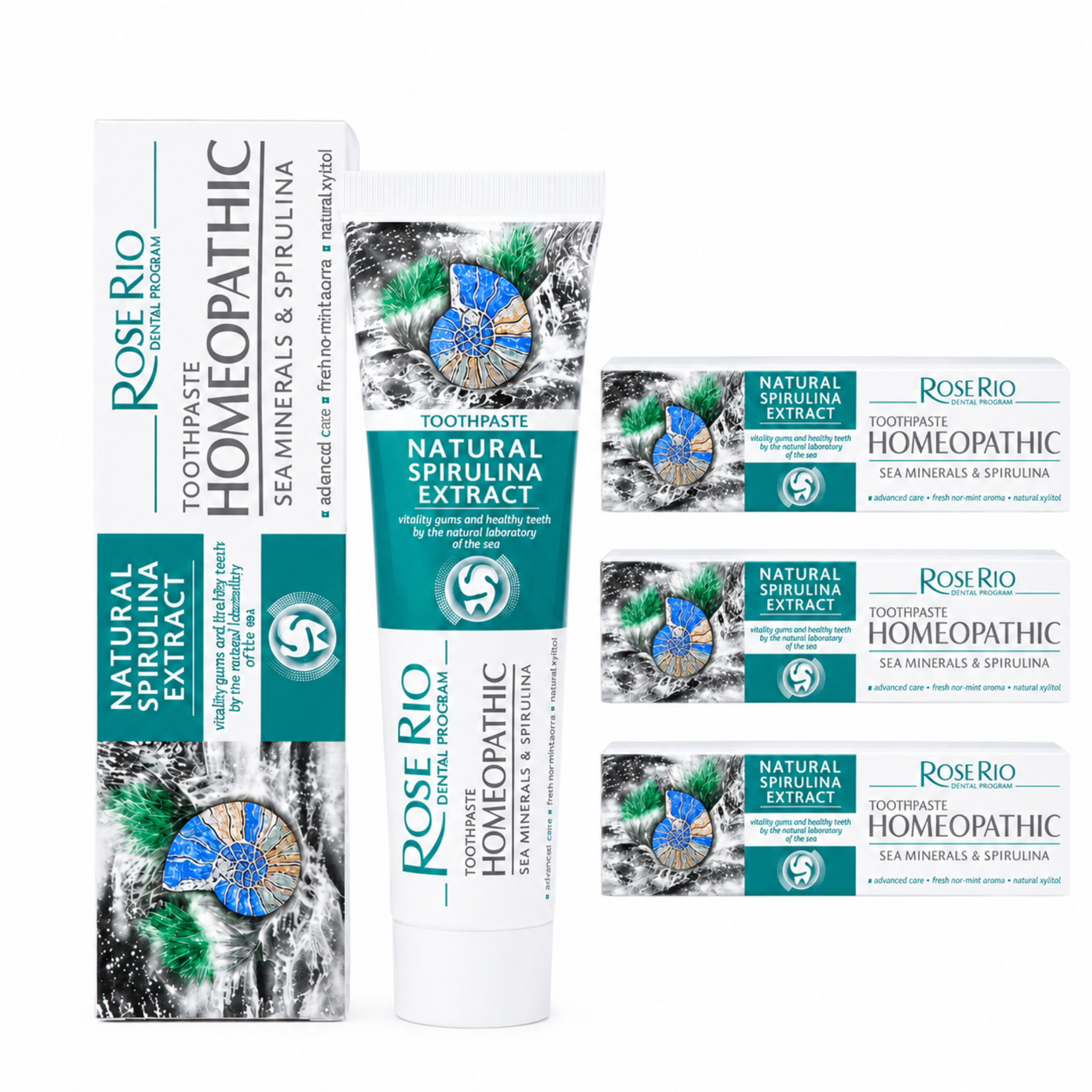 A multipack bundle of Rose Rio Homeopathic Toothpaste in the Natural Spirulina Extract variant, featuring one tube and four boxes. The packaging highlights sea minerals and spirulina, promoting gum vitality and healthy teeth using ingredients from the natural laboratory of the sea. Formulated with natural xylitol and a fresh no-mint aroma. Supplied by UK eco-friendly oral care brand Edinco.
