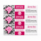 A triple pack bundle consisting of three identical boxes of Rose Rio Homeopathic Toothpaste in the Damascena Rose Water variant, stacked vertically against a clean white background. The bright pink and white packaging highlights key oral care benefits: anti-inflammatory protection, anti-bacterial effects, breath refreshing, and anti-caries prophylaxis. Text confirms the formula includes natural xylitol and a fresh no-mint aroma for advanced homeopathic oral care. Distributed by Edinco, UK.