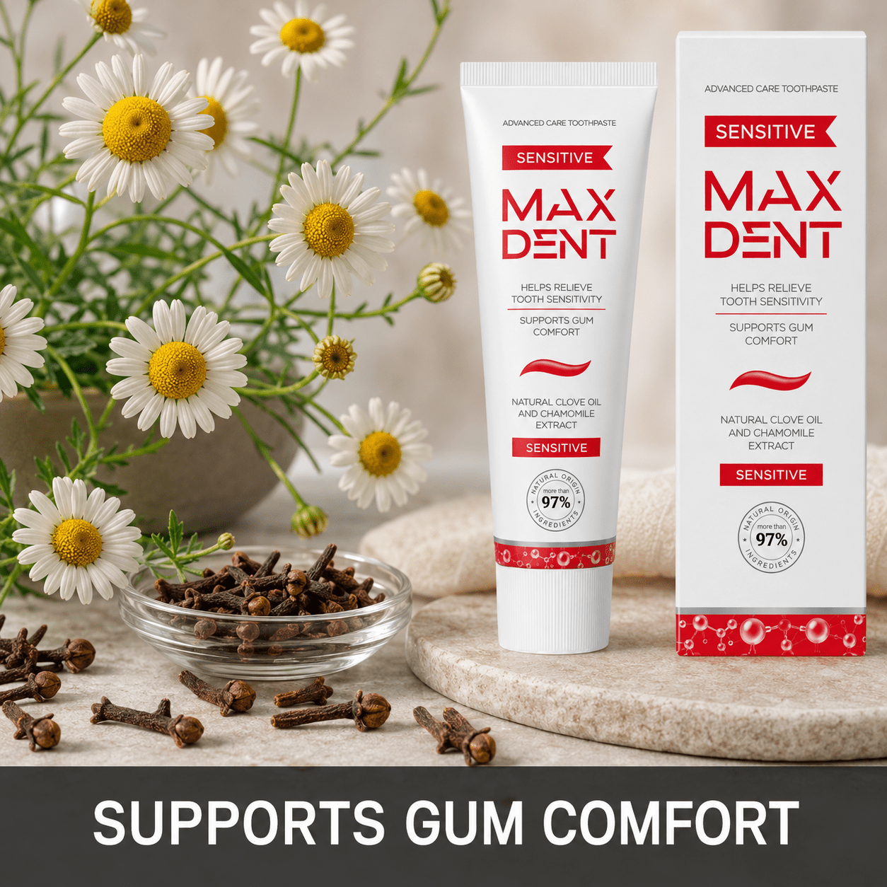 MaxDent Sensitive Toothpaste with Potassium Nitrate, Fluoride, Clove Oil & Chamomile – 75 ml - Edinco-Edinco