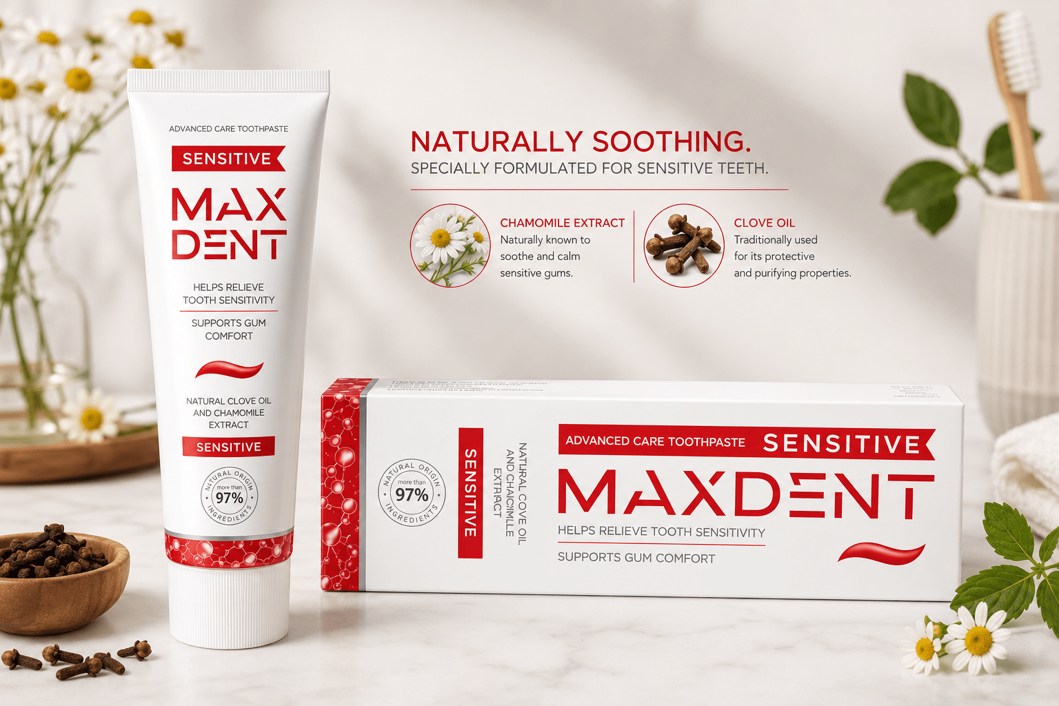 MaxDent Sensitive Toothpaste with Potassium Nitrate, Fluoride, Clove Oil & Chamomile – 75 ml - Edinco-Edinco