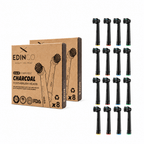 Edinco 16-pack value bundle of black charcoal toothbrush heads compatible with Oral-B electric toothbrushes, shown with two eco-friendly recyclable kraft paper boxes.