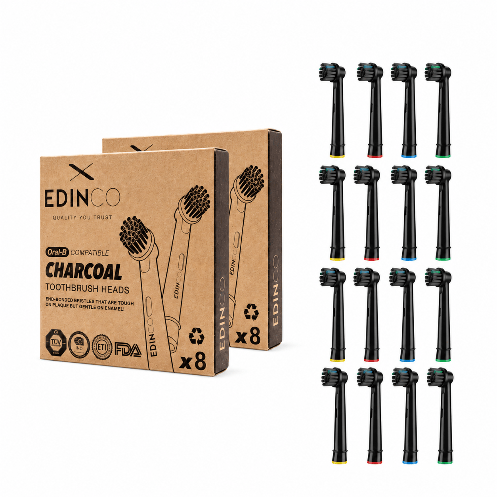 Edinco 16-pack value bundle of black charcoal toothbrush heads compatible with Oral-B electric toothbrushes, shown with two eco-friendly recyclable kraft paper boxes.