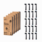 Edinco 20-pack household value pack of black charcoal toothbrush heads compatible with Oral-B, displayed with five eco-friendly recyclable 4-pack kraft paper boxes.