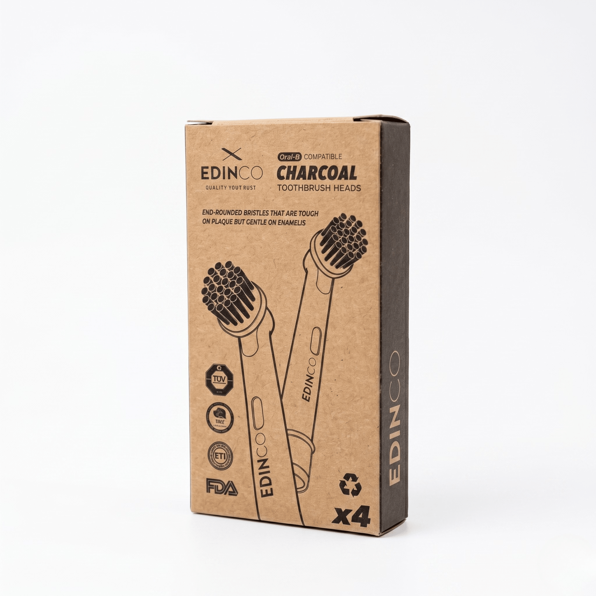 Front view of Edinco eco-friendly brown kraft paper box for the 4-pack charcoal toothbrush heads compatible with Oral-B