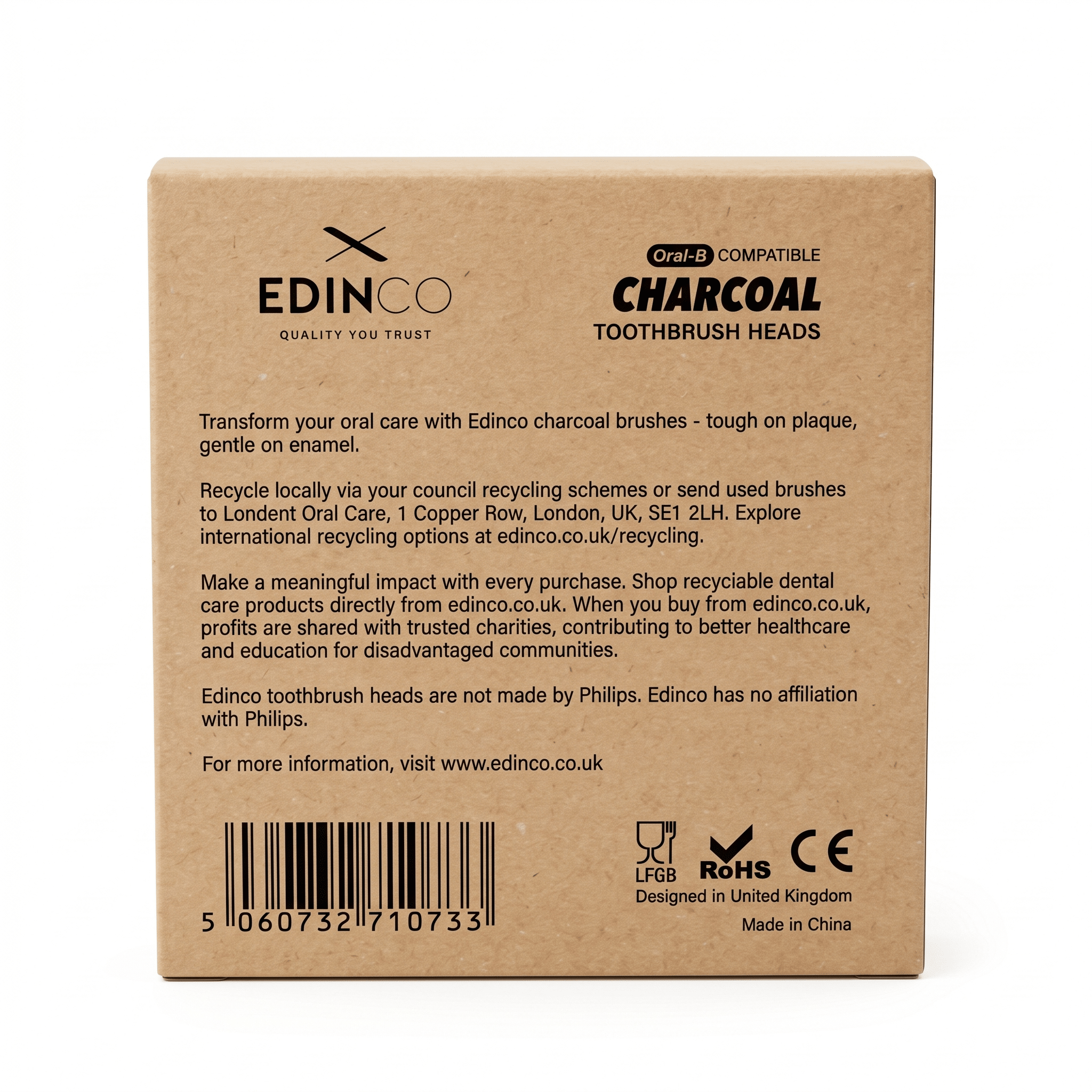 Back view of Edinco charcoal toothbrush replacement heads packaging, highlighting eco-friendly features and product specifications.