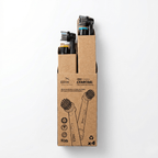 Sustainable cardboard packaging of Edinco charcoal toothbrush heads with contents displayed inside the box on a white background