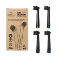 A 4-pack of Edinco Charcoal Toothbrush Heads, fully compatible with Oral-B electric toothbrushes. Displayed alongside a sustainable kraft paper box highlighting end-rounded bristles that are tough on plaque but gentle on enamel. The packaging features official quality and safety certifications including FDA, TUV, and recycling standards. The four black replacement heads feature distinct color-coded base rings. Retailed by sustainable oral care brand Edinco, UK.