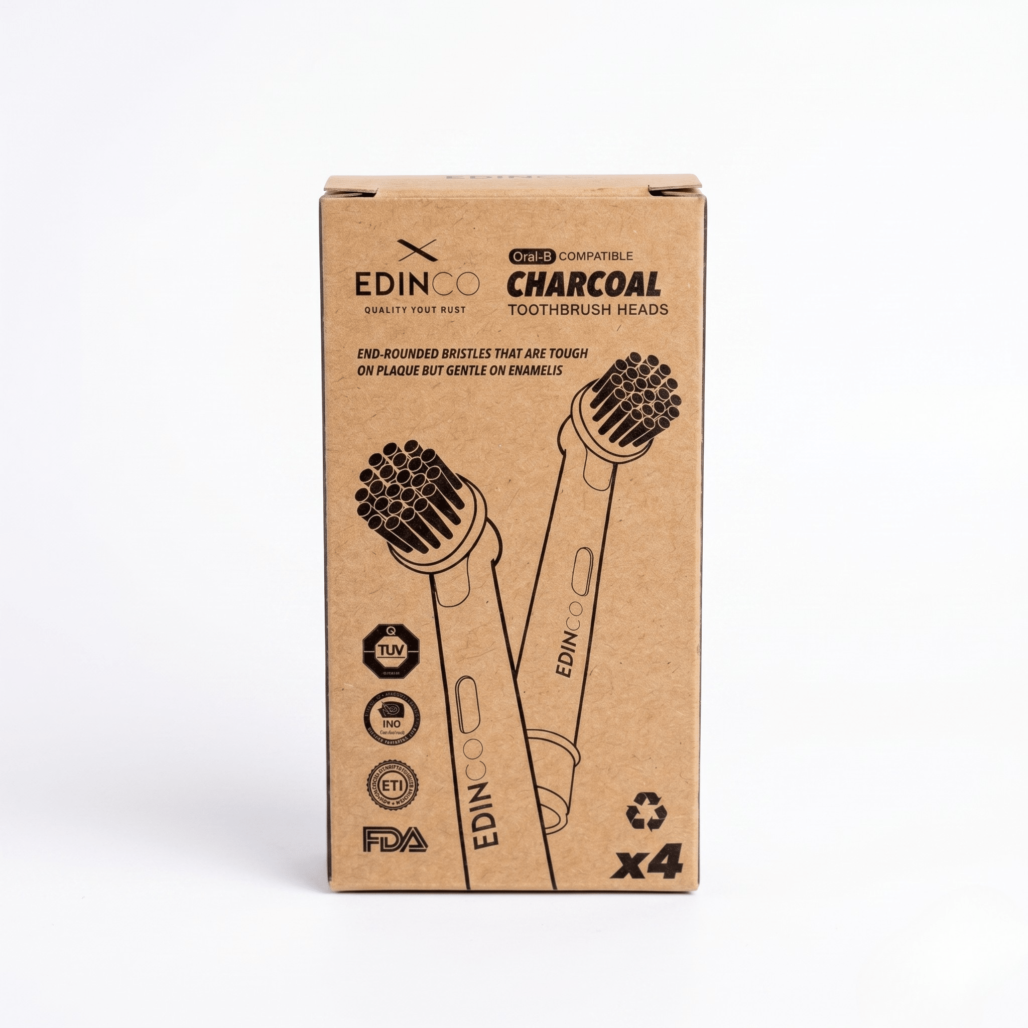 Eco-friendly zero-waste packaging of Edinco 8-pack toothbrush heads compatible with Oral-B showing x4 and FDA logo