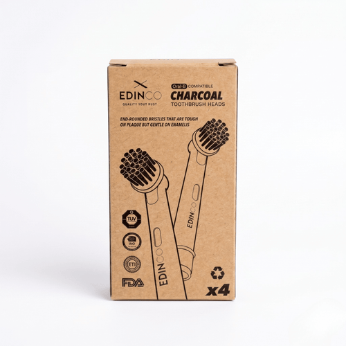 Eco-friendly zero-waste packaging of Edinco 8-pack toothbrush heads compatible with Oral-B showing x4 and FDA logo