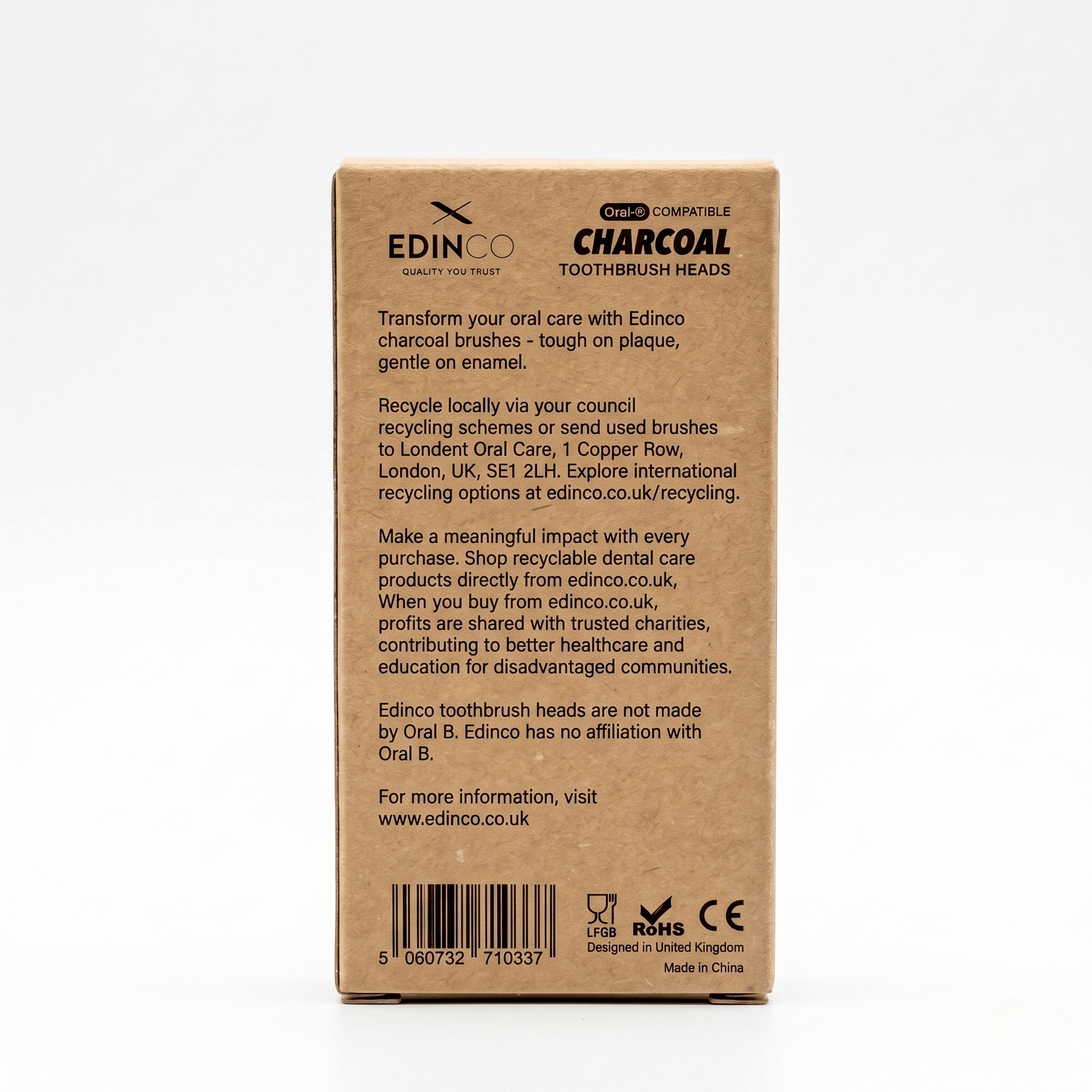 Rear view of Edinco charcoal toothbrush replacement heads packaging, featuring the brand logo, product specifications, and quantity details.