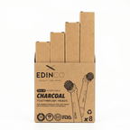 Cardboard packaging of Edinco sustainable charcoal toothbrush round heads compatible with Oral-B, showing an 8-pack box and FDA logo.