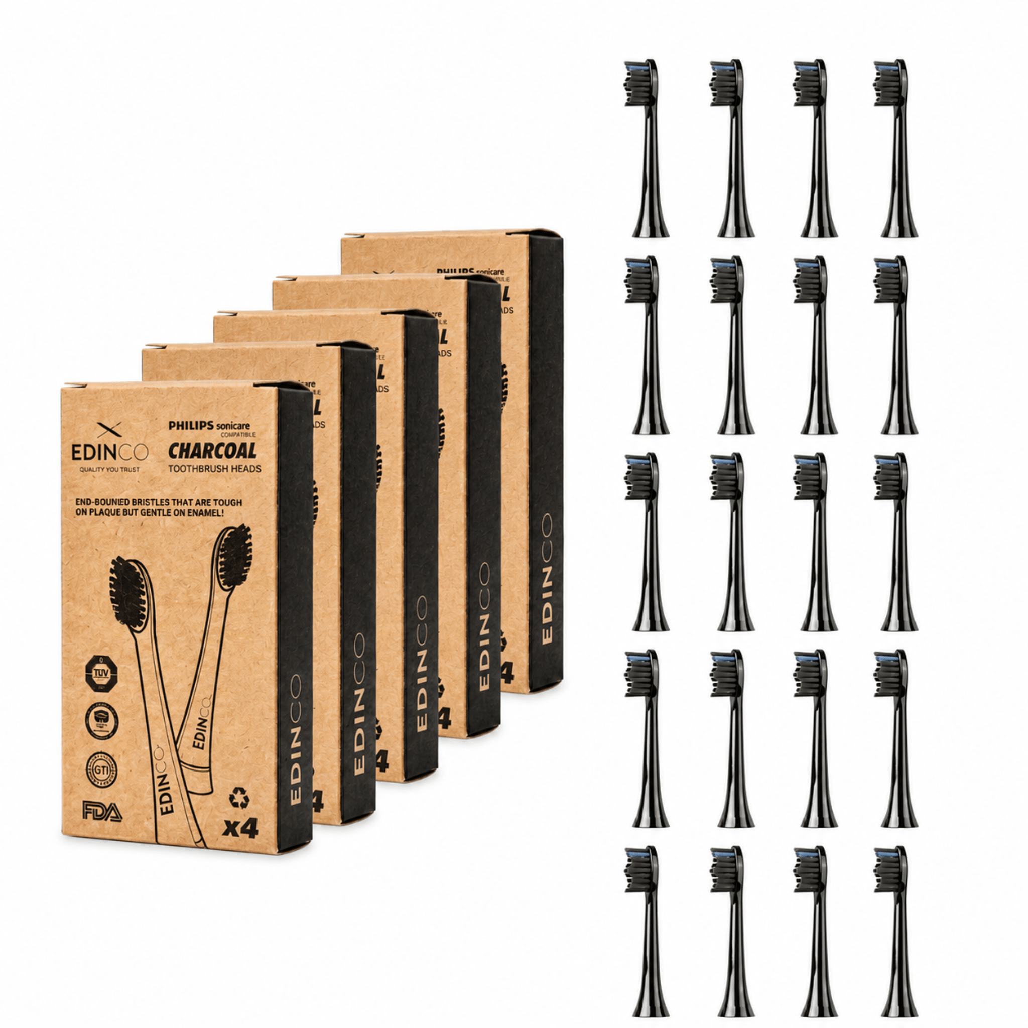 A long-term bulk stock-up bundle of 20 Edinco sustainable charcoal-infused replacement heads for Philips Sonicare electric toothbrushes, featuring zero-waste cardboard packaging with FDA certifications