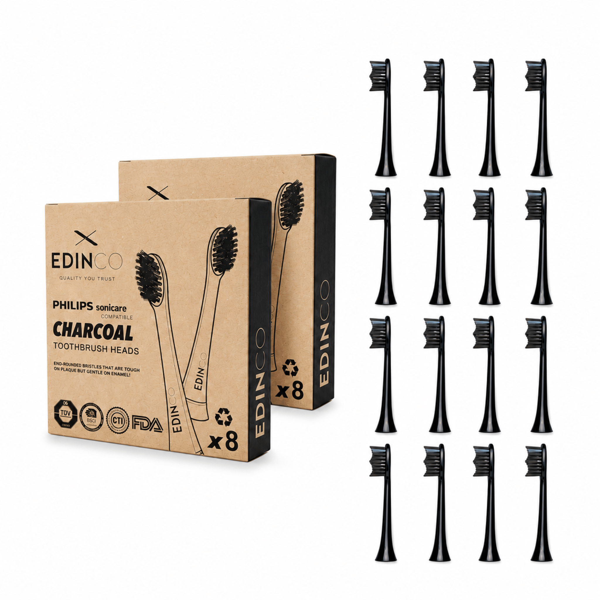 Edinco 16-pack bulk bundle of black charcoal toothbrush heads compatible with Philips Sonicare, displayed alongside two eco-friendly, recyclable kraft paper 8-pack boxes.