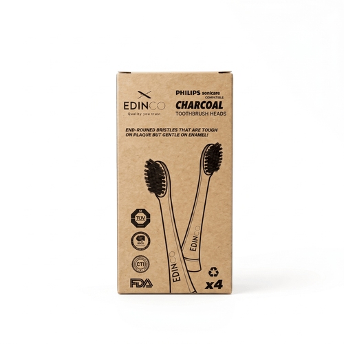 Edinco Main box of Edinco 4-pack charcoal value multipack designed for philips sonicare electric toothbrushes