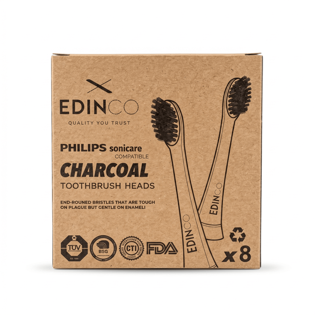 Zero-waste packaging for Edinco 8-pack charcoal toothbrush heads compatible with Philips Sonicare, featuring FDA and TUV eco-certified logos