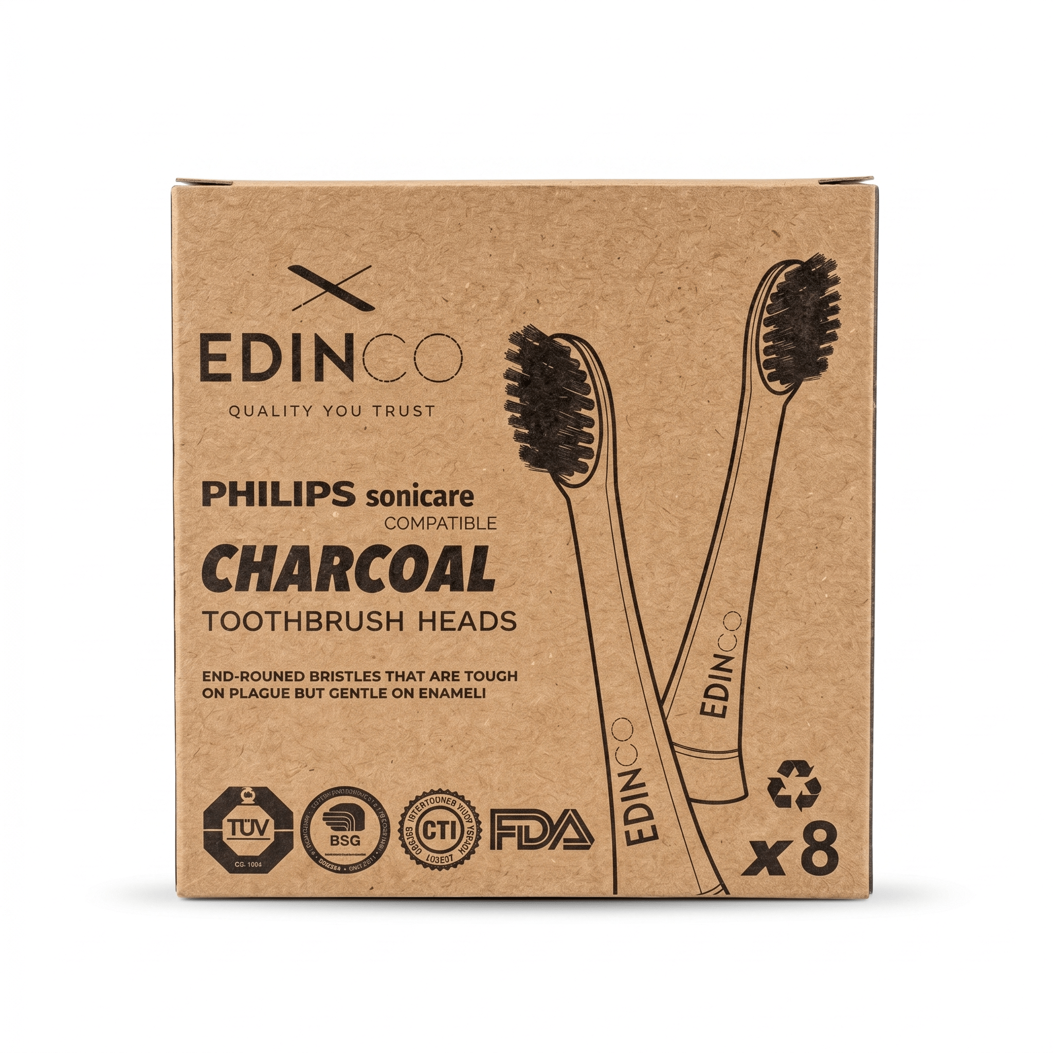 Zero-waste packaging for Edinco 8-pack charcoal toothbrush heads compatible with Philips Sonicare, featuring FDA and TUV eco-certified logos
