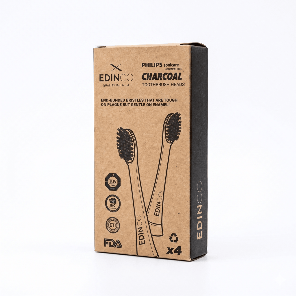 Edinco front view of eco-friendly brown kraft paper box for the 4-pack charcoal toothbrush heads