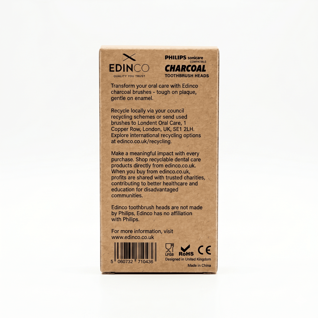 Edinco eco-friendly behind brown kraft paper packaging box for 4-pack recyclable charcoal toothbrush heads compatible with Philips Sonicare , teeth whitening
