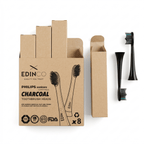 Edinco 8-pack recyclable charcoal toothbrush heads compatible with Philips Sonicare, shown unboxed next to eco-friendly kraft packaging