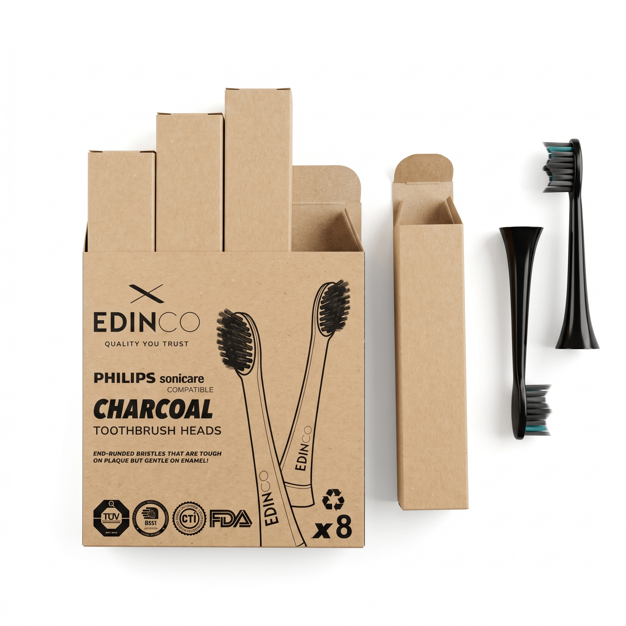 Edinco 8-pack recyclable charcoal toothbrush heads compatible with Philips Sonicare, shown unboxed next to eco-friendly kraft packaging