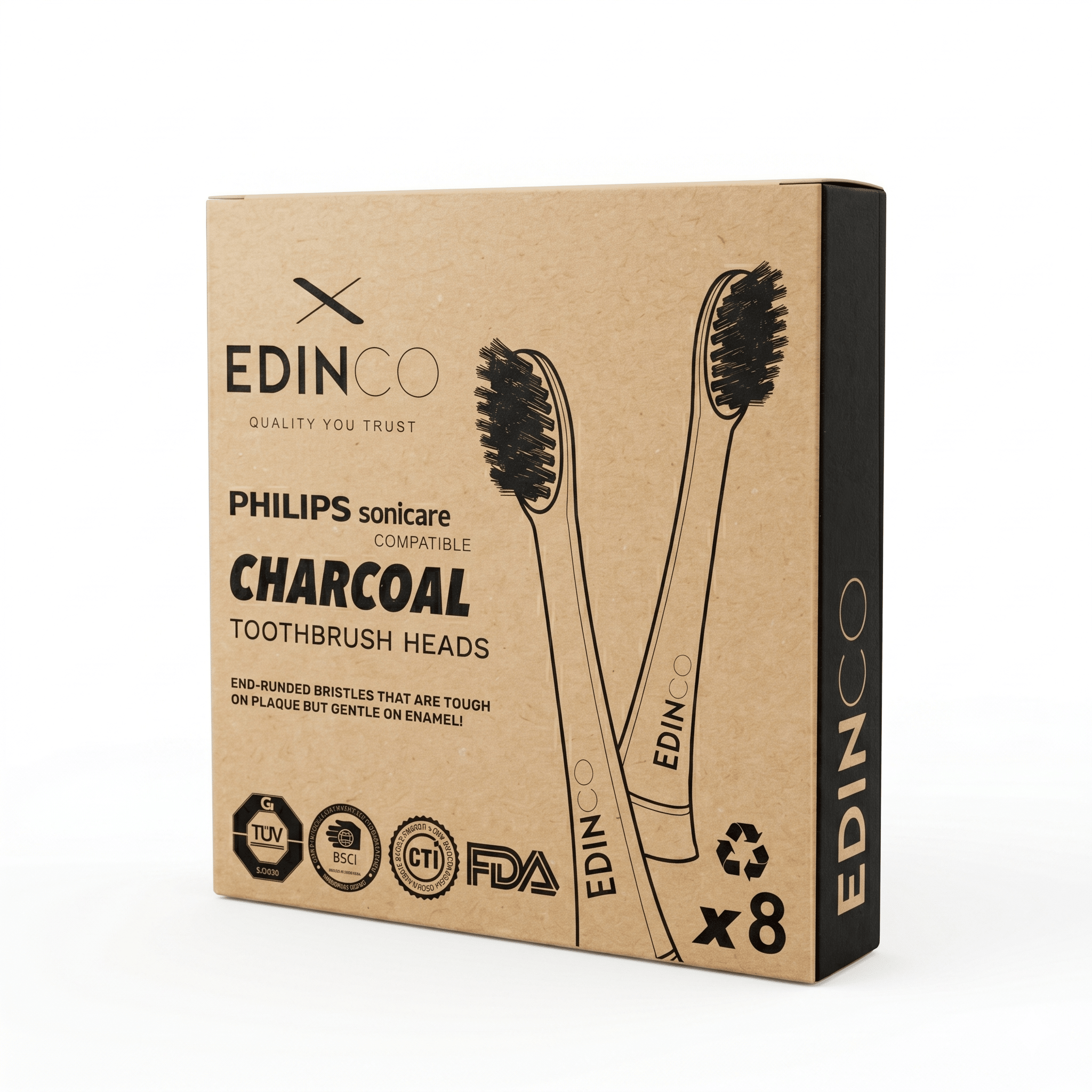 Edinco planet friendly charcoal toothbrush heads packaging on a white background in professional angle
