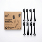 Edinco 8-pack recyclable charcoal brush heads compatible with Philips Sonicare, displayed next to packaging on a white background.